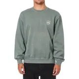 Buzo de cuello redondo color verde con efecto lavado, manga larga y puños elásticos. Presenta un pequeño logo bordado en el pecho con el nombre de la marca y un diseño de palmeras.