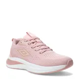Championes deportivos Umbro modelo Vega, color rosado, confeccionados en malla transpirable con detalles sintéticos. Presentan cierre con cordones, entresuela blanca amortiguada y suela de goma para mayor tracción.