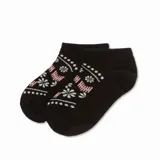 Medias cortas de corte bajo color negro con estampado de flores y detalles geométricos en tonos blanco y rosado.
