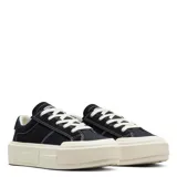 Championes Converse modelo Cruise Low Top, color negro con suela de plataforma de goma en tono crema. Presentan diseño de lona con costuras blancas visibles y cordones al tono.