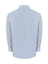 Camisa de manga larga RKF para hombre, de color celeste con finas rayas blancas, cuello button-down, bolsillo en el pecho con logo bordado y cierre frontal con botones.