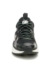 Sneaker Cat modelo Hasten Mesh, color negro con detalles en blanco y violeta. Presenta una combinación de malla y materiales sintéticos, con una suela de plataforma blanca y cordones jaspeados.