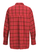 Camisa de franela twill color rojo con patrón de cuadros en tonos oscuros, corte relajado, mangas largas, cuello camisero, cierre frontal con botones y un bolsillo aplicado en el pecho.