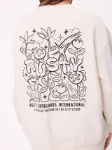 Sweater negro de corte holgado con estampado trasero de flores y el logo "Rusty" en colores neón.