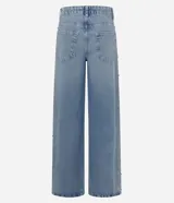 Pantalón wide leg de tiro bajo confeccionado en jean de algodón, con cierre frontal y aplicación de brillos y tachas en los laterales.