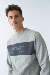 Buzo de felpa gris con panel horizontal azul marino en el pecho con la inscripción "BROOKSFIELD ESTABLISHED IN TORINO, ITALY - SINCE 1971". Tiene cuello redondo, mangas largas y puños acanalados.