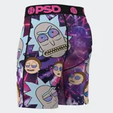 Calzoncillos bóxer estampados con diseño de Rick y Morty sobre un fondo galáctico.