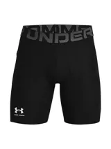 Short deportivo Under Armour HeatGear Armour para hombre, color negro con logo de la marca en la pierna izquierda y cintura elástica con la inscripción "UNDER ARMOUR".