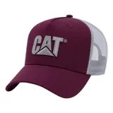 Gorra tipo trucker color bordó con malla trasera gris y logo de la marca bordado en el frente en color gris.