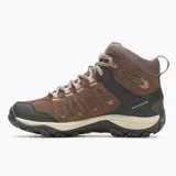 Bota de trekking Merrell modelo Crosslander 3 Mid WP, color marrón con detalles en negro y rosa. Diseño de caña media con membrana impermeable, puntera protectora, entresuela de espuma EVA y suela de goma con tracción.
