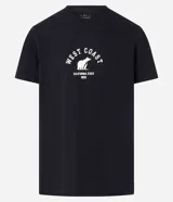 Remera negra de algodón con cuello redondo y mangas cortas. Estampa frontal con la leyenda 'West Coast' y un oso. Corte comfort.