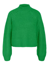 Sweater tejido de punto grueso con cuello alto, mangas largas raglán y puños acanalados. Presenta un diseño de calce holgado y textura acanalada.