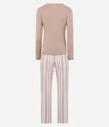 Pijama largo compuesto por una blusa de manga larga con cuello redondo y cierre frontal de botones, y un pantalón de corte recto con cintura elástica y estampado de rayas verticales.