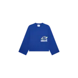 Remera de manga larga color azul, de corte holgado y diseño minimalista, con un pequeño estampado gráfico y texto en el pecho.