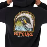 Canguro negro con capucha y cordones ajustables, bolsillo frontal tipo canguro y logo de la marca Rip Curl estampado en el pecho en tonos naranja y amarillo.
