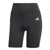 Calza corta deportiva Adidas Optime Essentials Stash Pocket 7, color negro con logo blanco en la pierna izquierda y bolsillo lateral.