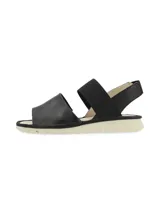 Sandalia Pasqualini modelo Malawi de cuero negro, con tiras elásticas anchas en el empeine y talón, suela dentada en tono beige claro y plantilla acolchada.
