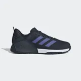 Championes de training Adidas Dropset 3, color azul oscuro con tres franjas laterales en color violeta. Presentan una mediasuela de doble densidad blanca y refuerzos laterales de TPU en color azul oscuro.