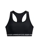 Top deportivo negro Under Armour Crossback Mid Bra con espalda nadadora y banda elástica inferior con el nombre y logotipo de la marca.
