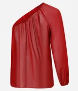 Blusa de chiffon color rojo, con hombro único, manga larga abullonada y puño elástico.