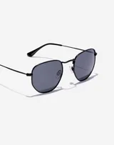 Gafas de sol unisex con montura metálica negra y lentes grises polarizadas.