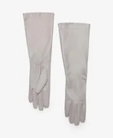 Guantes largos de piel ovina en color gris claro, con forro interior de poliéster y diseño sin cierre.
