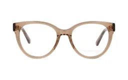 Armazón de acetato color marrón claro, con forma rectangular redondeada y patillas delgadas.