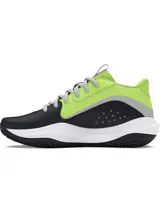 Championes de básquetbol Under Armour modelo Lockdown 7, con diseño bicolor en verde neón y negro. Presentan parte superior de malla transpirable con superposiciones de cuero, entresuela de EVA blanca para mayor amortiguación y suela de caucho con patrón de tracción en espiga.