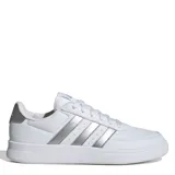 Championes Adidas Breaknet 2.0 de cuero sintético blanco con detalles plateados en las tres tiras laterales y el talón.