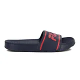 Chancletas tipo slide de Fila, color azul marino con logo Fila en rojo en la tira superior.