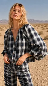 Camisa de manga larga con estampado a cuadros, cuello redondo con cordón ajustable, botones frontales y detalles de volados en las mangas. Presenta puños elásticos y tiritas ajustables en el dobladillo.