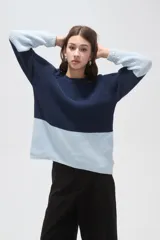 Sweater de tejido de punto con diseño color block, combinando azul marino en la parte superior y celeste en la inferior. Presenta cuello redondo a la base y mangas largas.