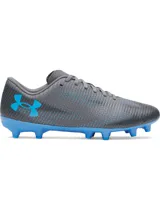 Championes de fútbol Under Armour Shadow Select 3 FG, color gris con detalles en azul brillante. Presentan una parte superior sintética suave con diseño texturizado, logo de la marca en el lateral y suela de TPU con tacos cónicos para tracción en superficies naturales firmes.