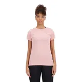 Remera deportiva New Balance Relentless Heathertech color rosa con logo en el pecho y detalle de rayas blancas en las mangas.