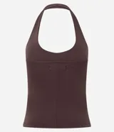 Blusa negra de punto roma, con diseño de cuello halter y espalda descubierta.
