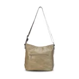 Bandolera de diseño funcional en color beige, confeccionada en símil cuero. Cuenta con dos bolsillos frontales con cierre, apertura superior con cierre, correa larga regulable y bolsillo trasero con cierre.