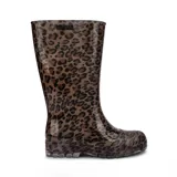 Botas de lluvia Melissa modelo Welly, de caña media, confeccionadas en material sintético transparente con estampado animal print de leopardo en tonos marrones y negros.