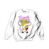 Buzo blanco de cuello redondo con estampado frontal de Bob Esponja con estilo coquette, usando anteojos y estola de plumas.