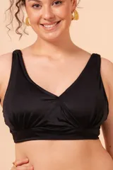 Top de bikini reductor negro, sin aro, con escote cruzado, breteles anchos regulables y broche en la espalda.