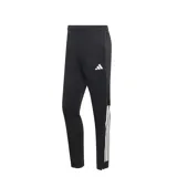 Pantalon deportivo Adidas modelo Sereno, color negro con las tres tiras características en blanco en la parte inferior de la pierna y logo de la marca en el muslo.