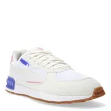 Championes Puma Graviton para mujer, color blanco y beige con detalles en rosa y azul. Presentan una suela de goma, entresuela de espuma y el logo de Puma en azul en el lateral.