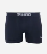 Kit de dos calzoncillos tipo boxer sin costuras de la marca Puma, confeccionados en poliamida, con cintura elástica con lettering y pequeño logo en la pierna. Incluye una unidad en azul y otra en negro.