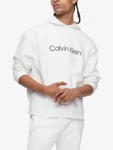 Buzo blanco de algodón con capucha, corte relaxed, puños y dobladillo acanalados, bolsillo canguro y logo Calvin Klein estampado en el pecho.