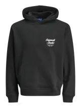 Buzo con capucha de corte holgado, confeccionado en tejido loopback con interior levemente afelpado. Presenta bolsillo frontal tipo canguro, puños y ruedo acanalados, y estampas gráficas en el frente.