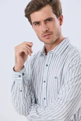 Camisa de manga larga confeccionada en mezcla de lino y algodón, con diseño de rayas verticales en tonos celestes, grises y blancos. Presenta cuello camisero clásico, cierre frontal con botones y bordado sutil en el pecho.