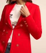 Blazer femenino de sastrería confeccionado en tejido Punto Roma, con cuello solapa, cierre frontal con ganchos y botones decorativos dorados con escudo grabado.