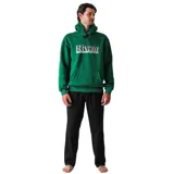 Canguro verde oscuro con capucha y bolsillo delantero tipo canguro. Estampado frontal con el logo de la marca en color rosa y blanco.