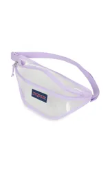 Riñonera transparente con bordes y cierre en color lila. Cuenta con el logo de la marca JanSport en el frente.