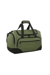 Bolso deportivo tipo duffel bag de color gris oscuro con detalles en negro. Presenta el logo de Discovery estampado en el frente y cuenta con asas de mano y correa ajustable para hombro.