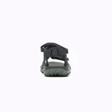 Sandalia de senderismo Merrell modelo Huntington Sport, color negro. Presenta un diseño ergonómico con empeine sintético impermeable, forro de neopreno y sistema de cierre con dos tiras de velcro ajustables. Cuenta con una entresuela de espuma EVA ligera, tecnología Air Cushion en el talón para absorción de impactos y suela de goma adherente para mayor tracción.